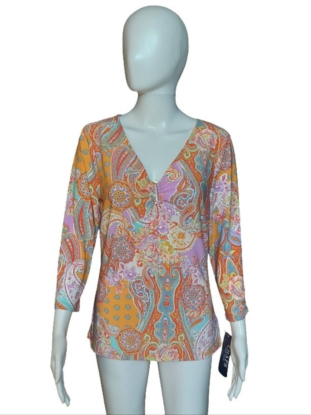 Chaps By Ralph Lauren Paisley/Floral Multicolor 3/4 Sleeve Keyhole Top